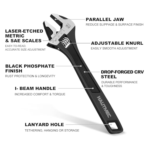 HAUTMEC 3PCS Adjustable Wrench Set Extra Wide Jaw Black Finish Adjustable Wrenches Drop-Forged CR-V Steel Metric & SAE Scales 6 in. 8 in. 10 in. for Home Garage Workshop DIY - Image 2