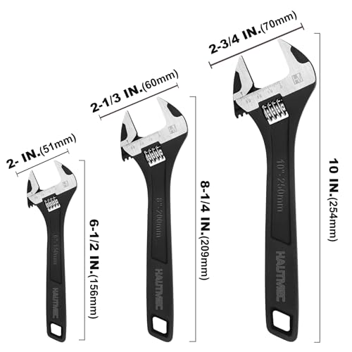 HAUTMEC 3PCS Adjustable Wrench Set Extra Wide Jaw Black Finish Adjustable Wrenches Drop-Forged CR-V Steel Metric & SAE Scales 6 in. 8 in. 10 in. for Home Garage Workshop DIY - Image 4