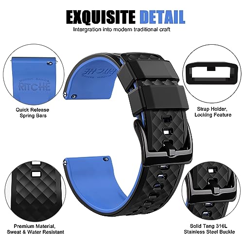 Ritche Silicone Watch Bands 18mm 20mm 22mm 24mm Quick Release Rubber Watch Bands for Men, Black / Blue / Black, 20mm, Classic,Sport - Image 2