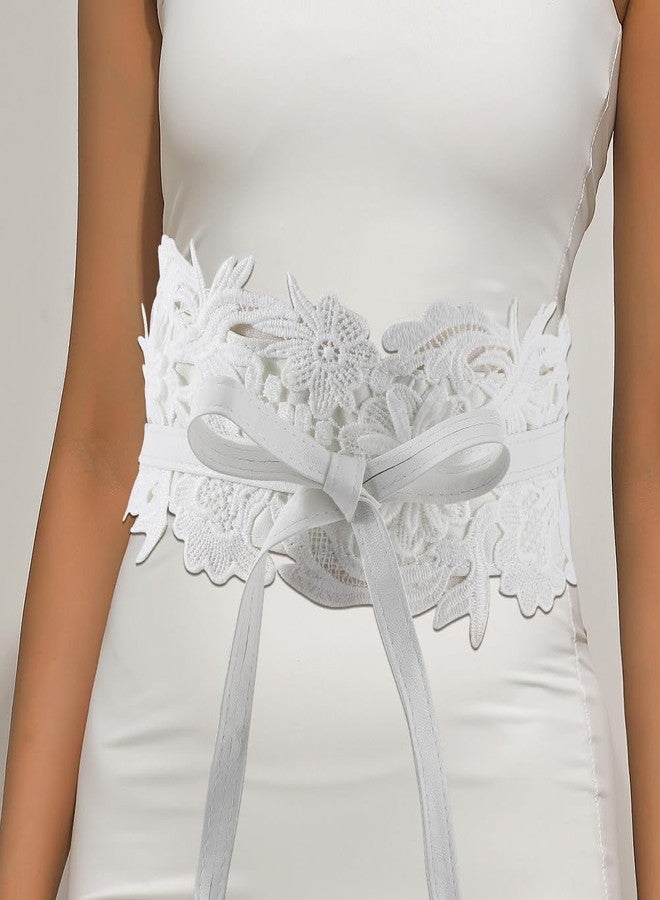 CABODYALS White Cinch Corset Boho Lace Up Waist Belt Vintage Flower Bowknot Wide Faux Leather Bow Tie Wrap Around Obi Trendy Waistband Belts Bulk for Women Dresses Clothes Shirts Costume Accessory - Image 4