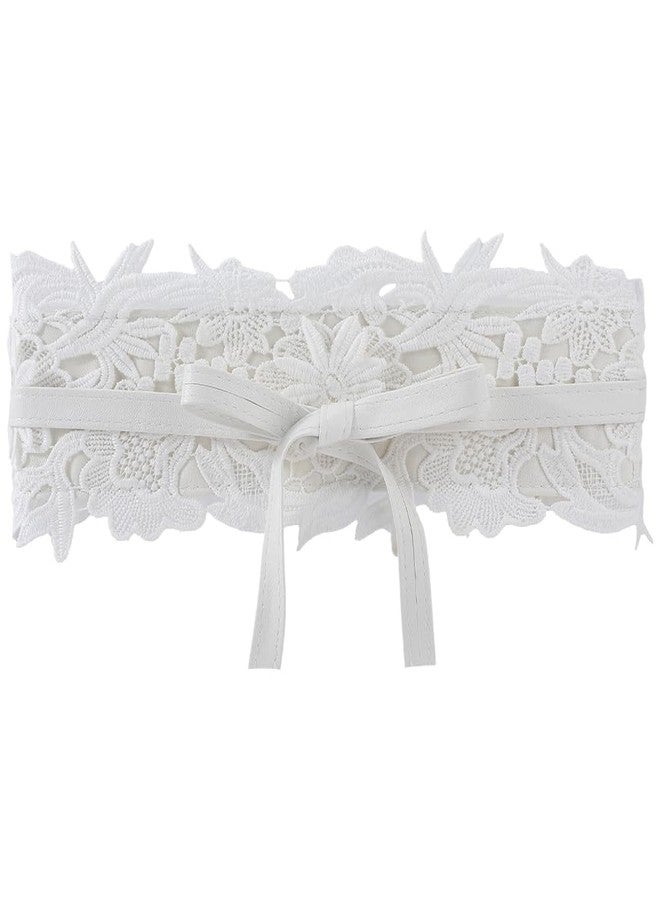 CABODYALS White Cinch Corset Boho Lace Up Waist Belt Vintage Flower Bowknot Wide Faux Leather Bow Tie Wrap Around Obi Trendy Waistband Belts Bulk for Women Dresses Clothes Shirts Costume Accessory - Image 1