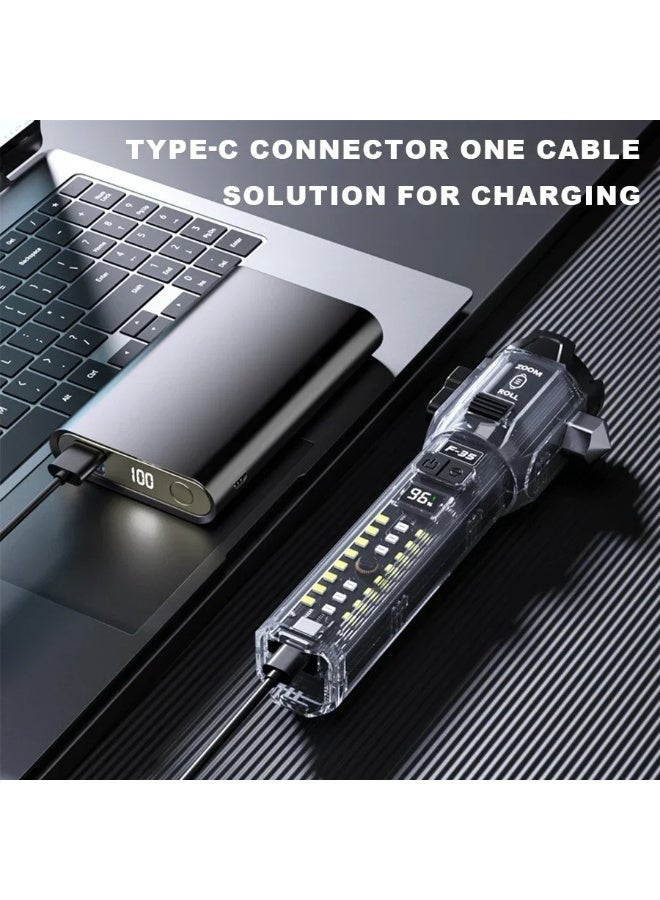 Digital Home Emergency Flashlight 10-in-1 Multifunctional LED Flashlight - Transparent Tactical Torch with Safety Hammer, Seatbelt Cutter, High-Decibel Alarm, Power Bank & Magnetic Base - Type-C Rechargeable for Camping, Car Safety & Emergencies - Image 4