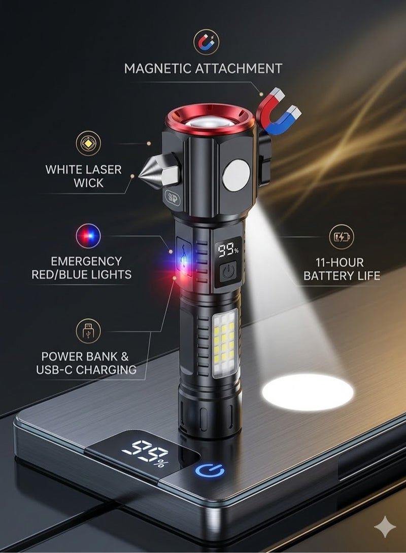 SP ISNUP Emergency Equipment Flashlight 4-in-1 Multifunctional LED Flashlight - Transparent Tactical Torch with Safety Hammer, Seatbelt Cutter, High-Decibel Alarm, Power Bank & Magnetic Base - Type-C Rechargeable for Camping, Car Safety & Emergencies - Image 2