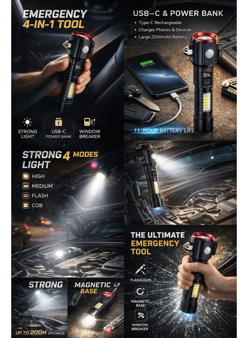 SP ISNUP Emergency Equipment Flashlight 4-in-1 Multifunctional LED Flashlight - Transparent Tactical Torch with Safety Hammer, Seatbelt Cutter, High-Decibel Alarm, Power Bank & Magnetic Base - Type-C Rechargeable for Camping, Car Safety & Emergencies - Image 3