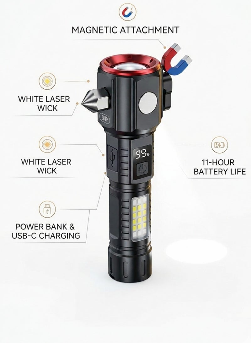SP ISNUP Emergency Equipment Flashlight 4-in-1 Multifunctional LED Flashlight - Transparent Tactical Torch with Safety Hammer, Seatbelt Cutter, High-Decibel Alarm, Power Bank & Magnetic Base - Type-C Rechargeable for Camping, Car Safety & Emergencies - Image 1