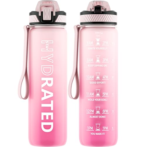 QLUR Water Bottle with Straw, 32oz Motivational Water Bottles with Time Marker to Drink, Tritan BPA Free, 1L Sports Water Bottle with Carry Strap LeakProof for Women Gym Fitness Outdoor (1 Pack) - Image 1
