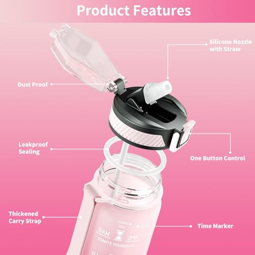 QLUR Water Bottle with Straw, 32oz Motivational Water Bottles with Time Marker to Drink, Tritan BPA Free, 1L Sports Water Bottle with Carry Strap LeakProof for Women Gym Fitness Outdoor (1 Pack) - Image 5