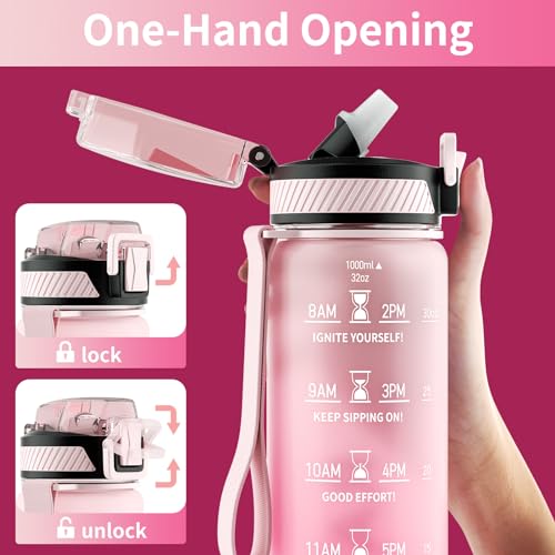 QLUR Water Bottle with Straw, 32oz Motivational Water Bottles with Time Marker to Drink, Tritan BPA Free, 1L Sports Water Bottle with Carry Strap LeakProof for Women Gym Fitness Outdoor (1 Pack) - Image 3