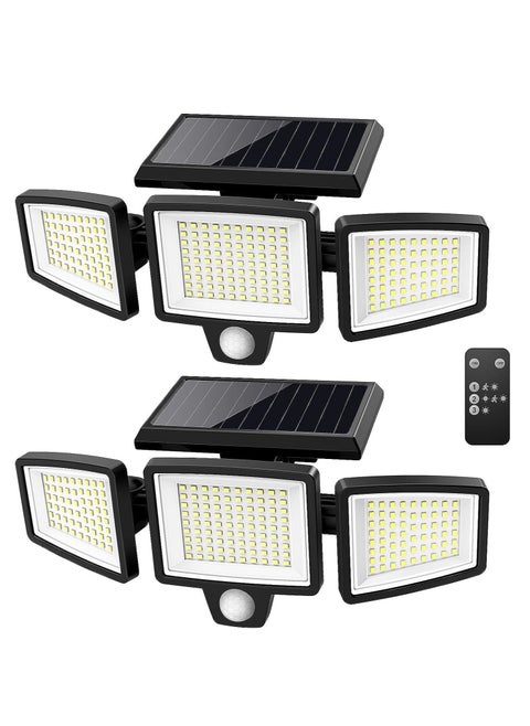 Solar Lights for Outdoor, 210 LED Beads 2500lm Motion Sensor Lights with Remote Control, IP65 Waterproof, 3 Heads Security LED Flood Light, 360° Wide Angle Illumination Wall Light with 3 Modes, 2 Pack