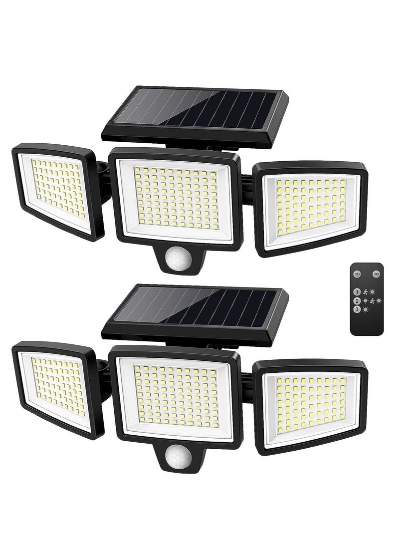 Solar Lights for Outdoor, 210 LED Beads 2500lm Motion Sensor Lights with Remote Control, IP65 Waterproof, 3 Heads Security LED Flood Light, 360° Wide Angle Illumination Wall Light with 3 Modes, 2 Pack