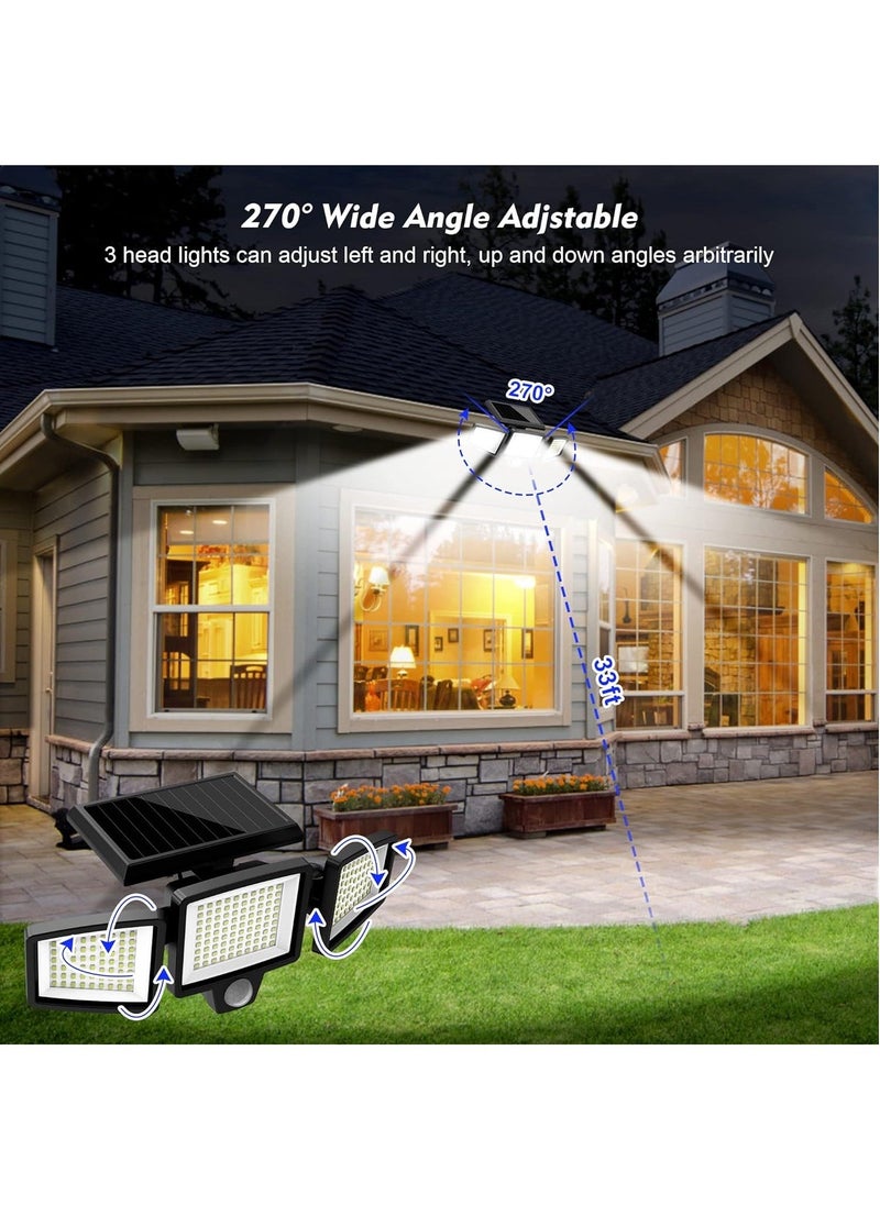 Solar Lights for Outdoor, 210 LED Beads 2500lm Motion Sensor Lights with Remote Control, IP65 Waterproof, 3 Heads Security LED Flood Light, 360° Wide Angle Illumination Wall Light with 3 Modes, 2 Pack