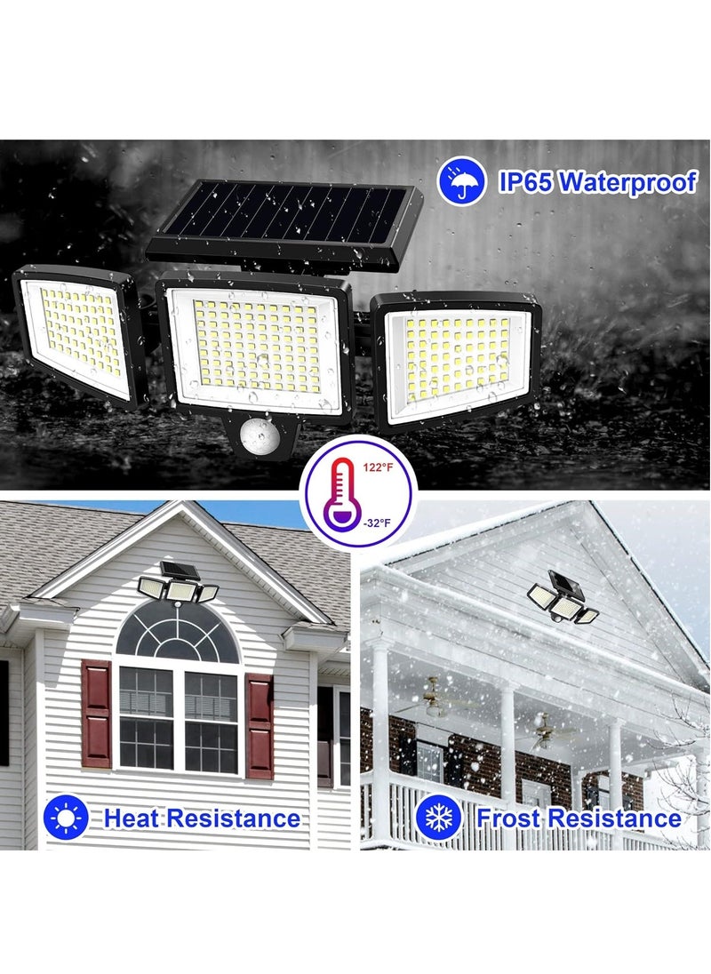 Solar Lights for Outdoor, 210 LED Beads 2500lm Motion Sensor Lights with Remote Control, IP65 Waterproof, 3 Heads Security LED Flood Light, 360° Wide Angle Illumination Wall Light with 3 Modes, 2 Pack