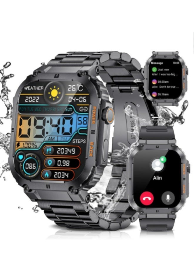 AROAQ Smart Watch for Men with Bluetooth Calls, 1.96" HD Touchscreen, 100 Sports Modes, 400mAh Battery, Heart Rate, SpO2 & Wellness Monitoring, 5ATM Waterproof Fitness Smartwatch for Android & iOS , Stainless Steel Strap Black - Image 1