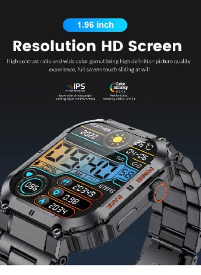 AROAQ Smart Watch for Men with Bluetooth Calls, 1.96" HD Touchscreen, 100 Sports Modes, 400mAh Battery, Heart Rate, SpO2 & Wellness Monitoring, 5ATM Waterproof Fitness Smartwatch for Android & iOS , Stainless Steel Strap Black - Image 2