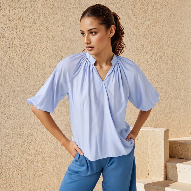 Splash FAV Mandarin Collar Balloon Sleeves Top