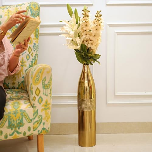 BEHOMA Premium Glossy Gold Metal Floor Vase | Luxury Cylindrical Standing Vase with Intricate Honeycomb Pattern for Living Room & Home Décor | Birthday 1 Pc (Flower Not Included) - Image 1