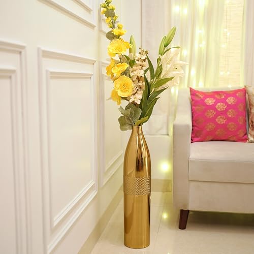BEHOMA Premium Glossy Gold Metal Floor Vase | Luxury Cylindrical Standing Vase with Intricate Honeycomb Pattern for Living Room & Home Décor | Birthday 1 Pc (Flower Not Included) - Image 4