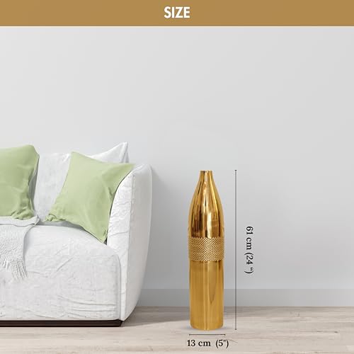 BEHOMA Premium Glossy Gold Metal Floor Vase | Luxury Cylindrical Standing Vase with Intricate Honeycomb Pattern for Living Room & Home Décor | Birthday 1 Pc (Flower Not Included) - Image 3