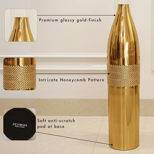 BEHOMA Premium Glossy Gold Metal Floor Vase | Luxury Cylindrical Standing Vase with Intricate Honeycomb Pattern for Living Room & Home Décor | Birthday 1 Pc (Flower Not Included) - Image 5