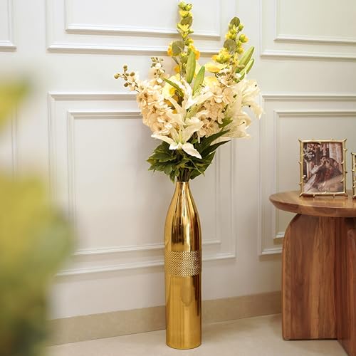 BEHOMA Premium Glossy Gold Metal Floor Vase | Luxury Cylindrical Standing Vase with Intricate Honeycomb Pattern for Living Room & Home Décor | Birthday 1 Pc (Flower Not Included) - Image 2