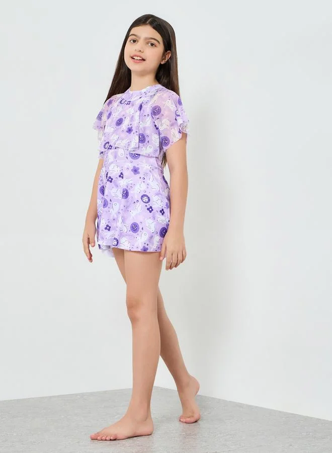 Styli Girls Lilac Printed Swimsuit with Shorts