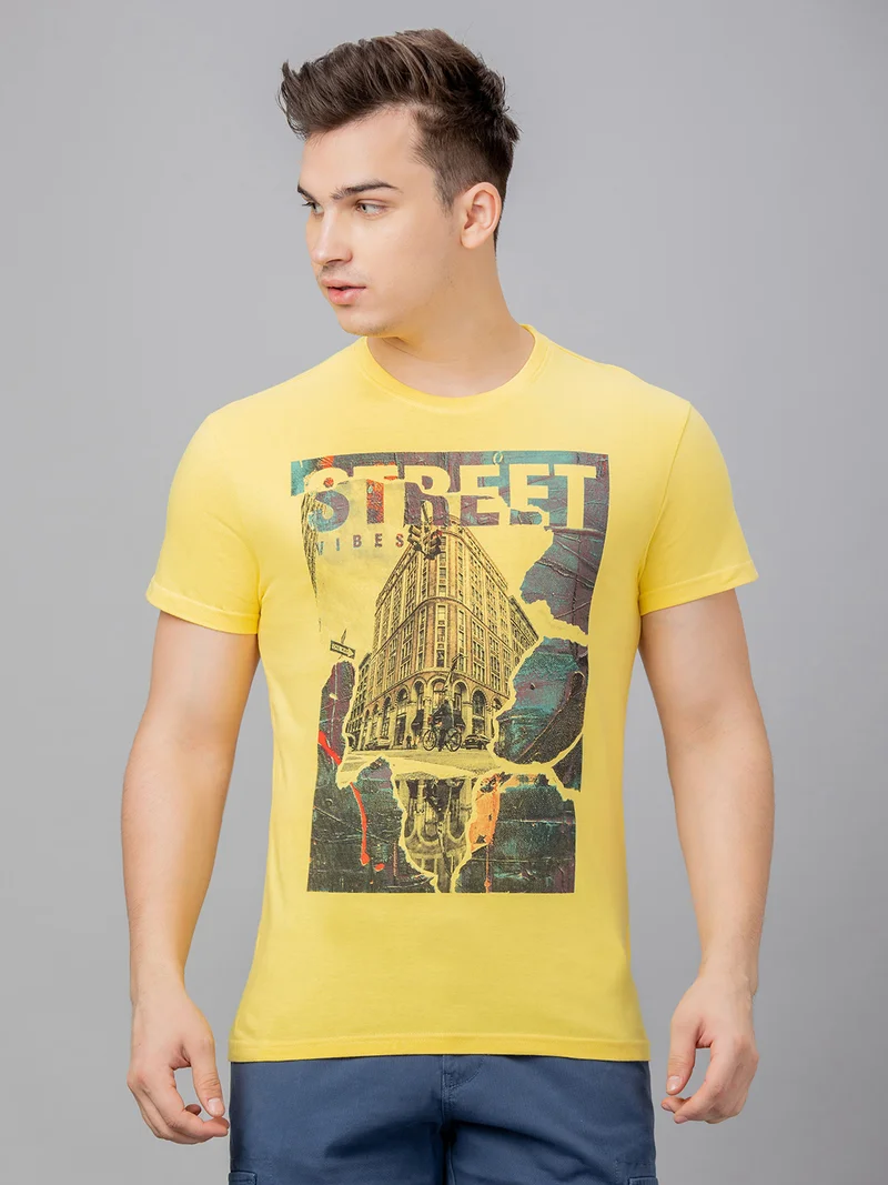 Globus Men Yellow Printed Cotton Round Neck Regular Fit T-shirt