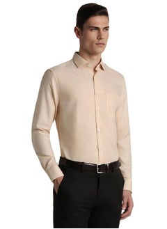 Peter England Peter England Men's Solid Textured Slim Fit Premium 100% Cotton Formal Shirt Premium Twill Weave with 2-Ply Cotton Beige  - Image 2