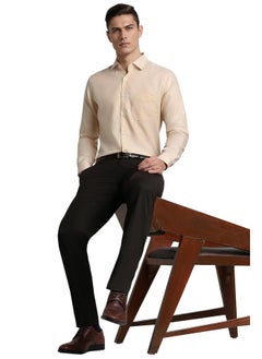 Peter England Peter England Men's Solid Textured Slim Fit Premium 100% Cotton Formal Shirt Premium Twill Weave with 2-Ply Cotton Beige  - Image 4