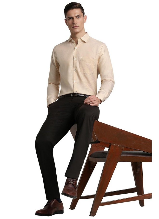 Peter England Peter England Men's Solid Textured Slim Fit Premium 100% Cotton Formal Shirt Premium Twill Weave with 2-Ply Cotton Beige  - Image 4