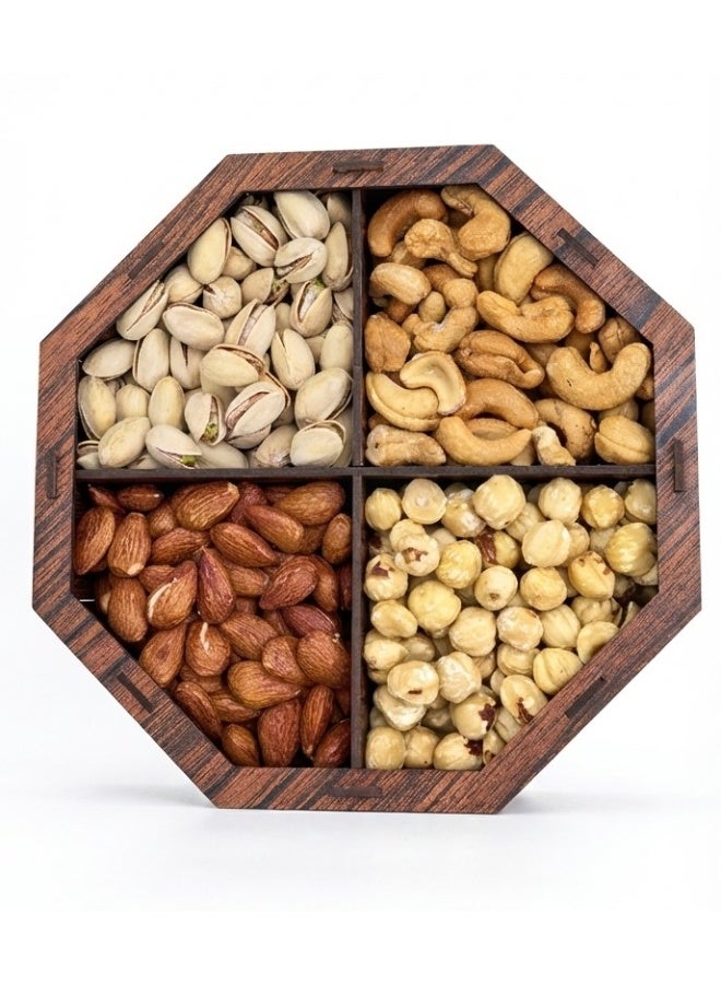 Assorted Nuts (750g) in a Luxurious Wooden Box containing:  150 g Pistachios  200 g Cashews  200 g Almonds  200 g Hazelnuts - Image 1