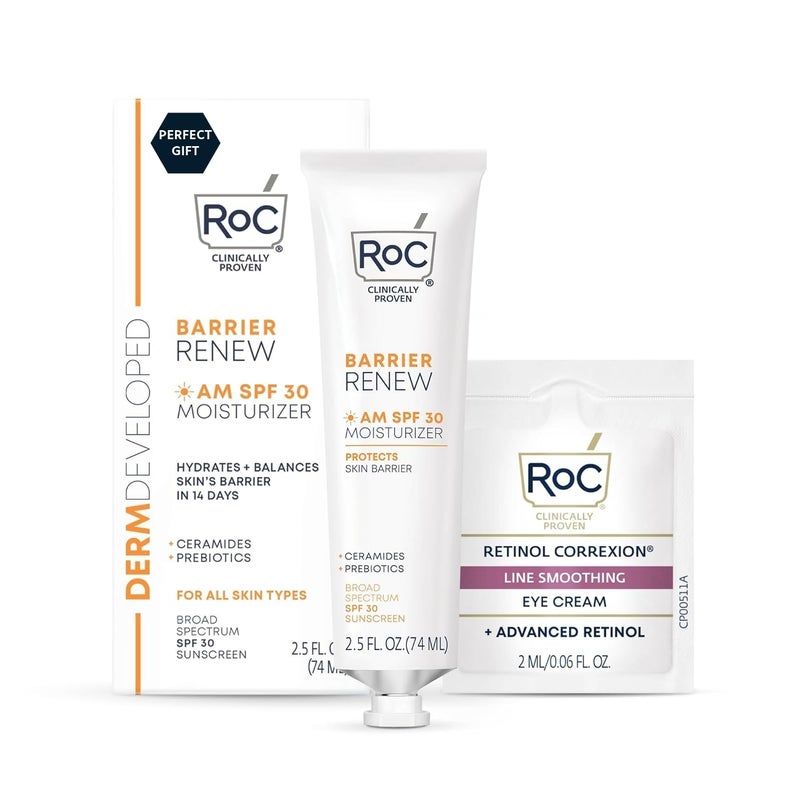 RoC Barrier Renew Day Cream with SPF 30, Moisturizer with Ceramides & Prebiotics to Protect Skin Barrier, (2.5 oz) with Retinol Eye Cream Packette - Image 1