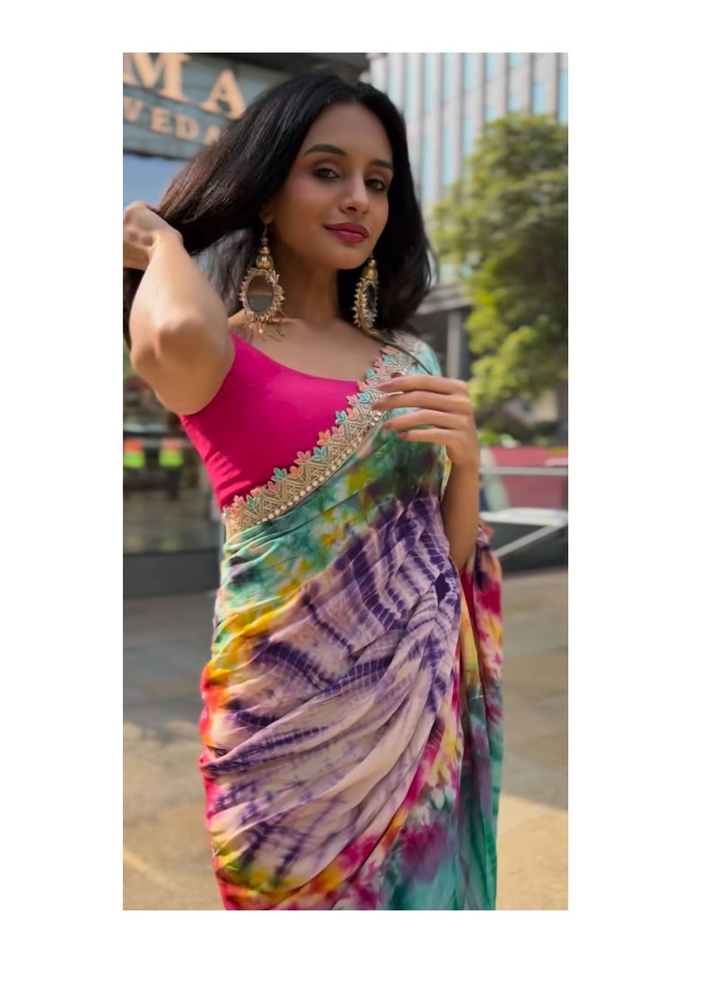 Grab Mantra - Beautiful Multicolour Tie Dye Saree With Beautiful Lace Border And Red Unstitched Blouse - Image 1