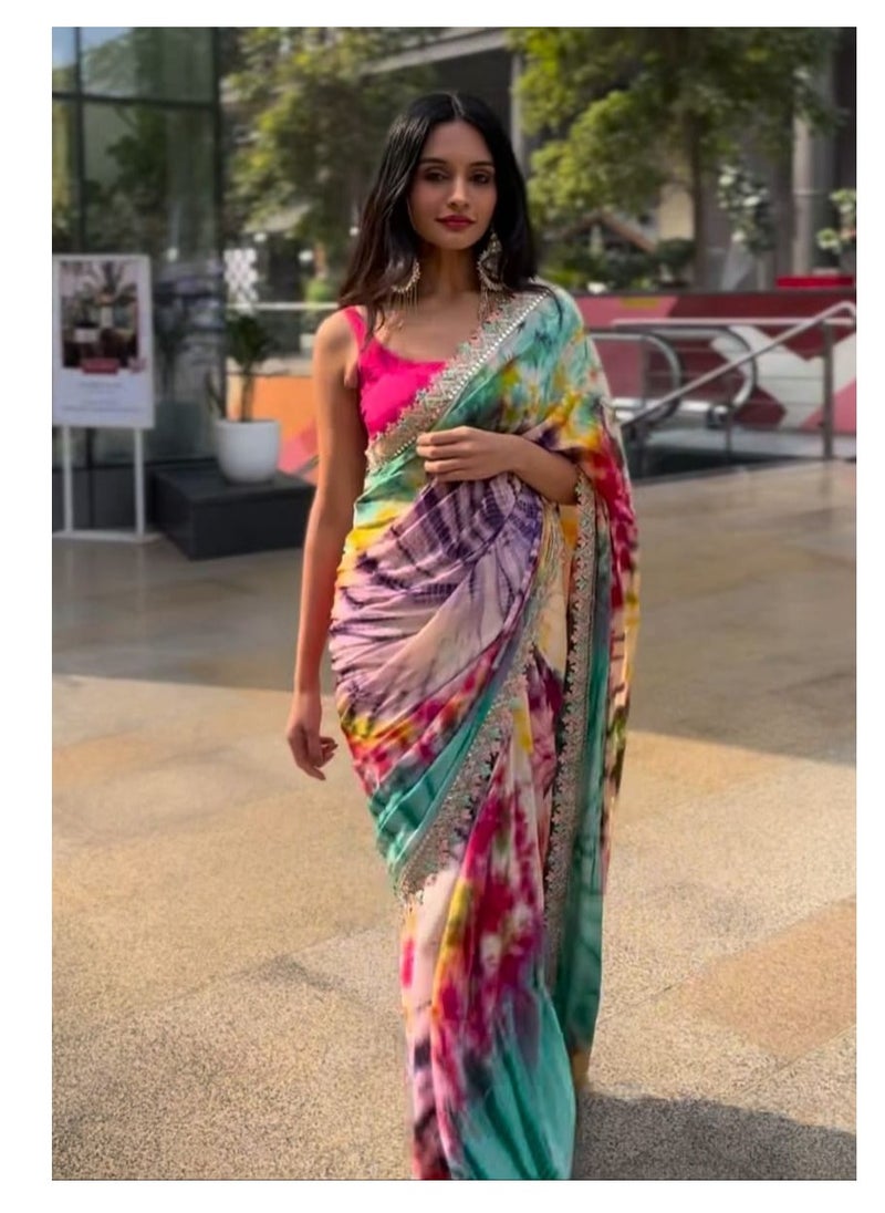 Grab Mantra - Beautiful Multicolour Tie Dye Saree With Beautiful Lace Border And Red Unstitched Blouse - Image 1