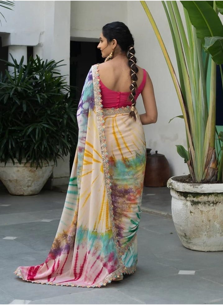 Grab Mantra Beautiful Multicolour Tie Dye Saree With Beautiful Lace Border And Red Unstitched Blouse  - Image 3