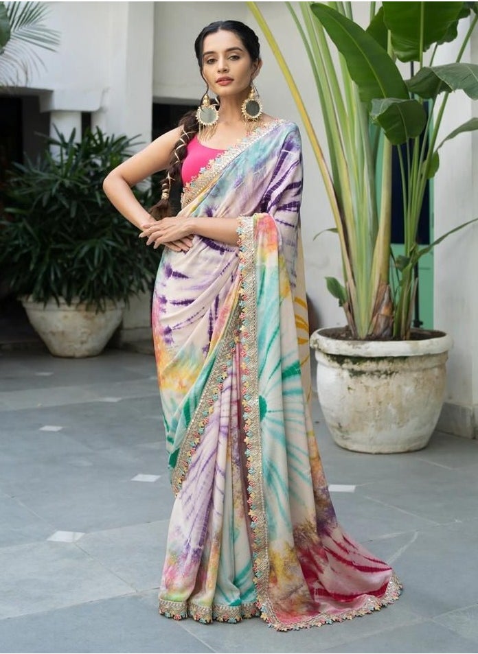 Grab Mantra Beautiful Multicolour Tie Dye Saree With Beautiful Lace Border And Red Unstitched Blouse  - Image 4