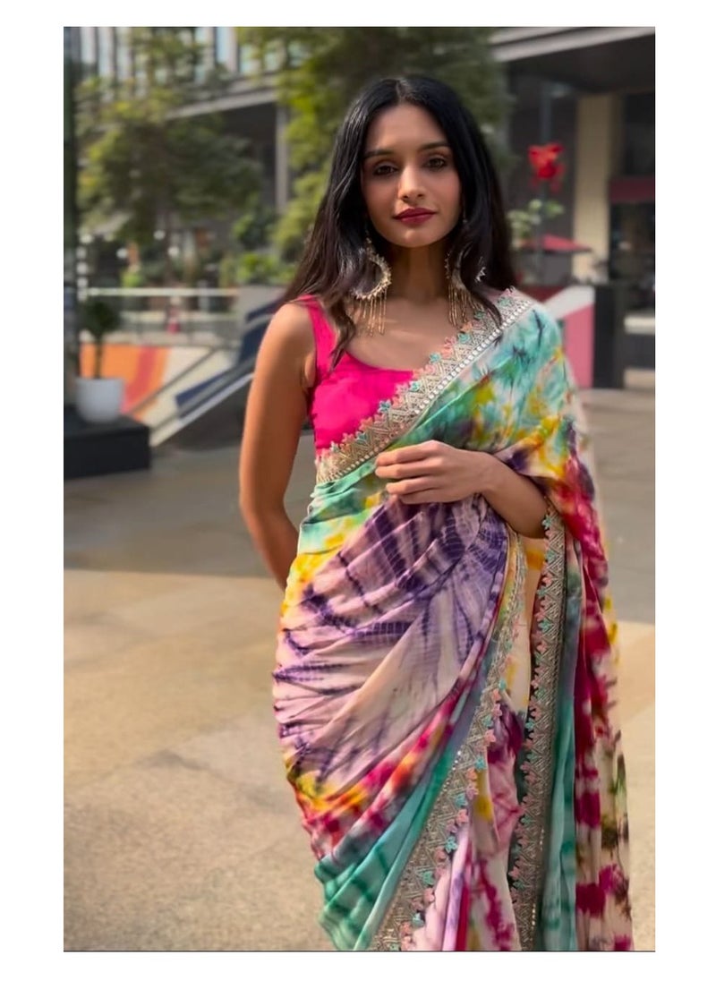 Grab Mantra Beautiful Multicolour Tie Dye Saree With Beautiful Lace Border And Red Unstitched Blouse  - Image 5