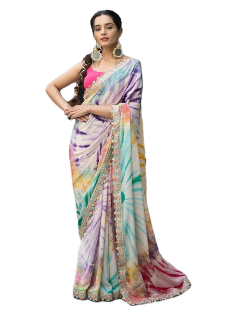 Grab Mantra Beautiful Multicolour Tie Dye Saree With Beautiful Lace Border And Red Unstitched Blouse  - Image 1