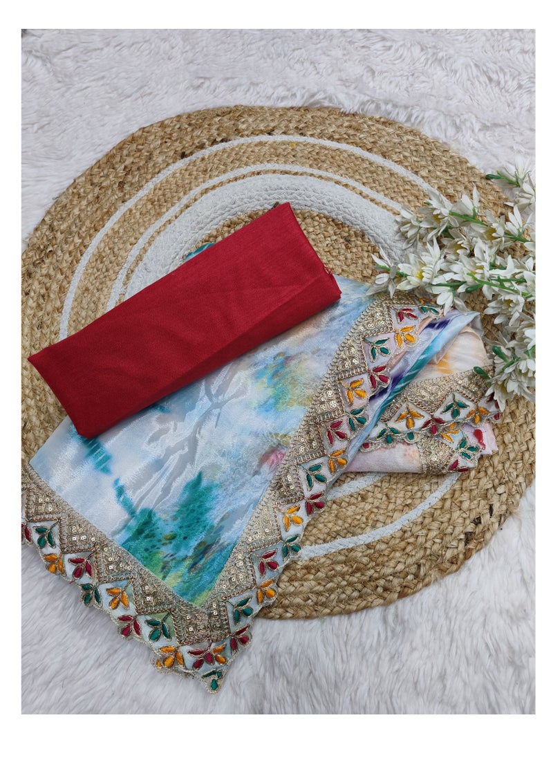 Grab Mantra - Beautiful Multicolour Tie Dye Saree With Beautiful Lace Border And Red Unstitched Blouse - Image 1