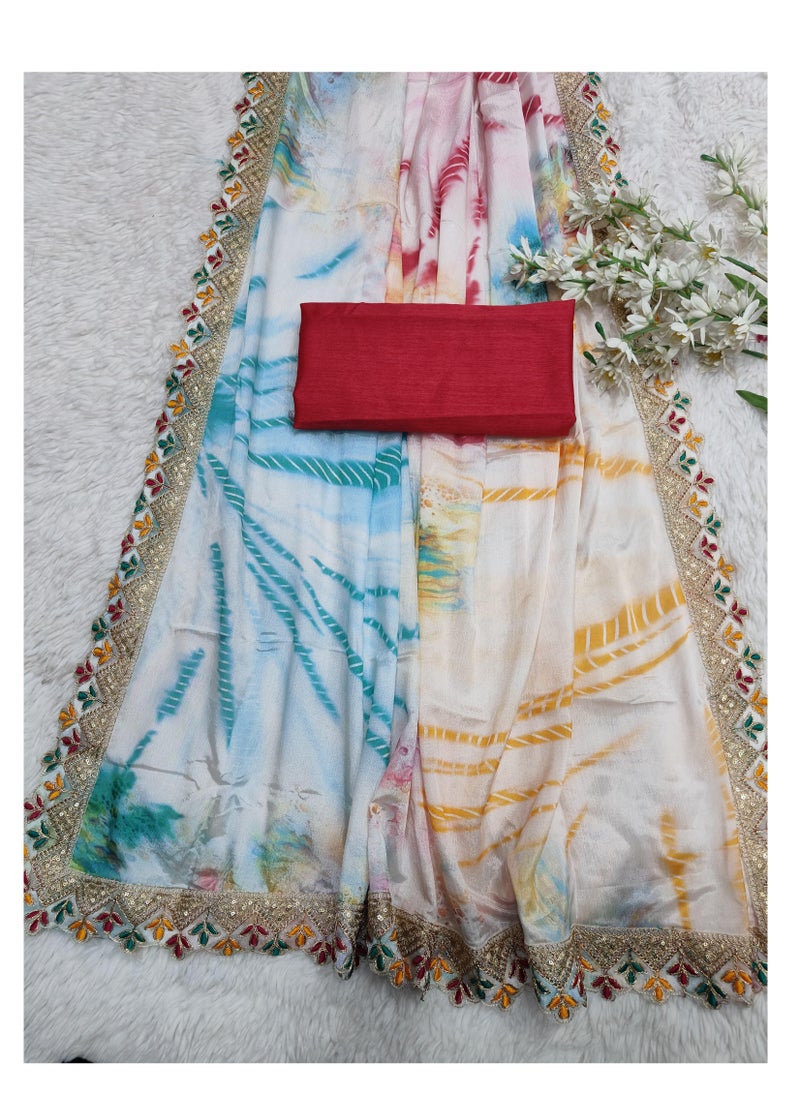Grab Mantra Beautiful Multicolour Tie Dye Saree With Beautiful Lace Border And Red Unstitched Blouse  - Image 2