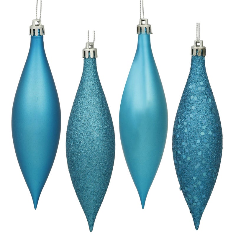 Vickerman 5.5"" Turquoise 4-Finish Finial Ornament  Shatterproof Plastic Christmas Tree Decoration  8 Per Pack  Shiny  Matte  Glitter and Sequin Finishes - Image 1