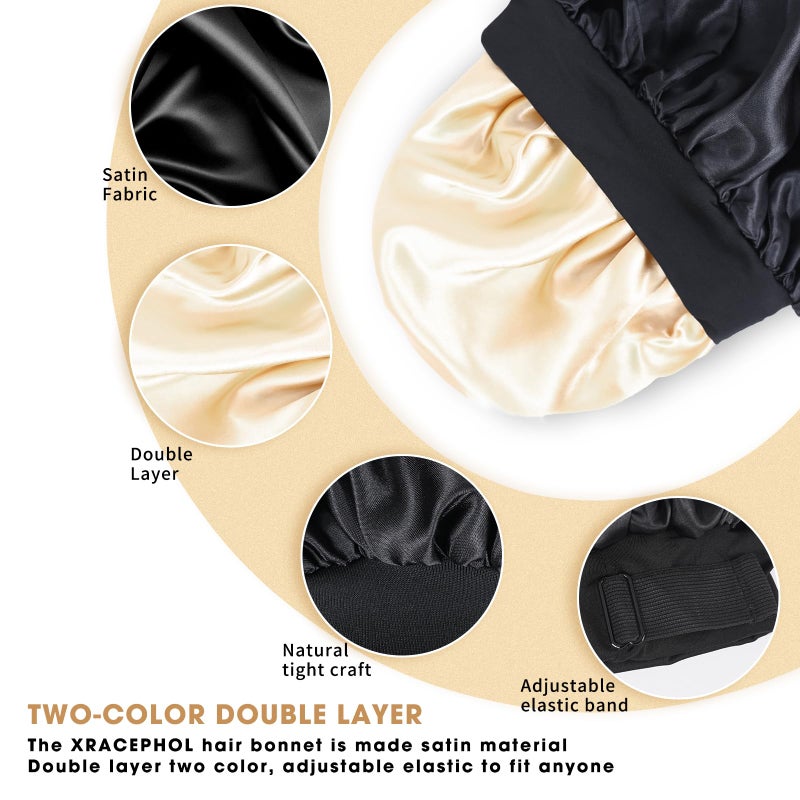 XRACEPHOL Silk Bonnet for Sleeping Double Layer Satin Bonnet Adjustable Bonnets for Black Women Sleep Cap Reversible Hair Bonnet for Curly Hair Hats(Black) - Image 3