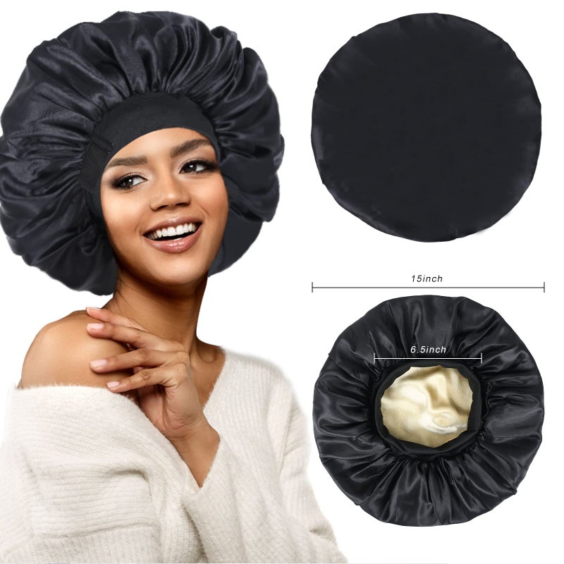 XRACEPHOL Silk Bonnet for Sleeping Double Layer Satin Bonnet Adjustable Bonnets for Black Women Sleep Cap Reversible Hair Bonnet for Curly Hair Hats(Black) - Image 4