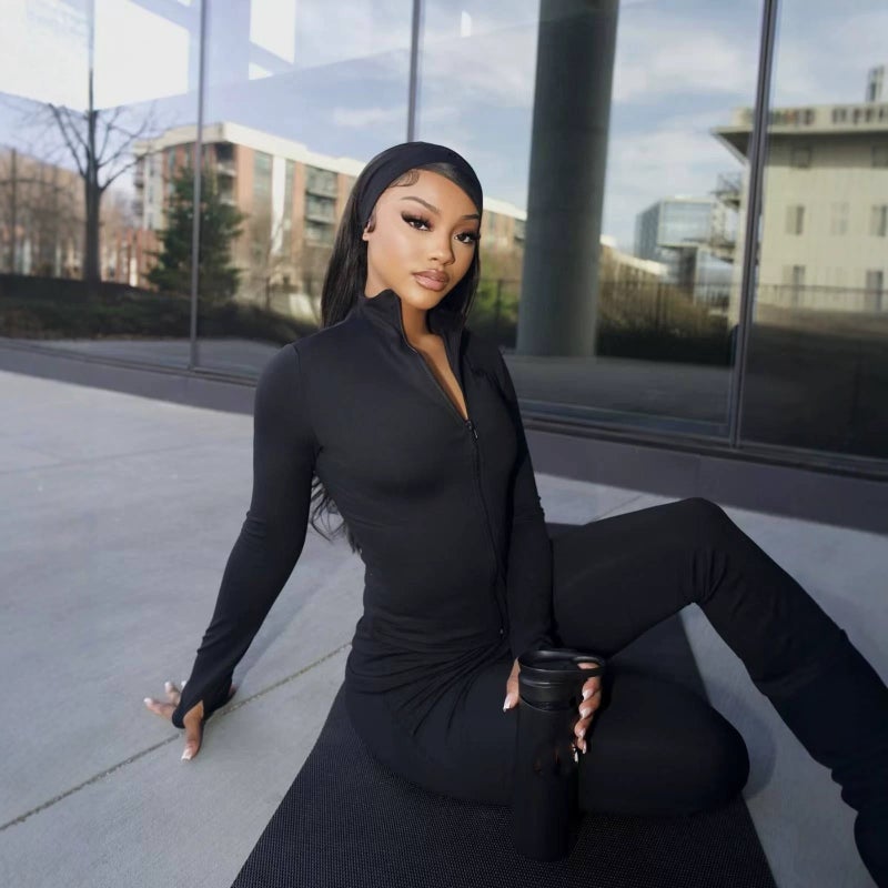 Women's Stand Collar Zip-Up Long Sleeve Top, Pants & Headband 3-Piece Tracksuit Set - Image 2
