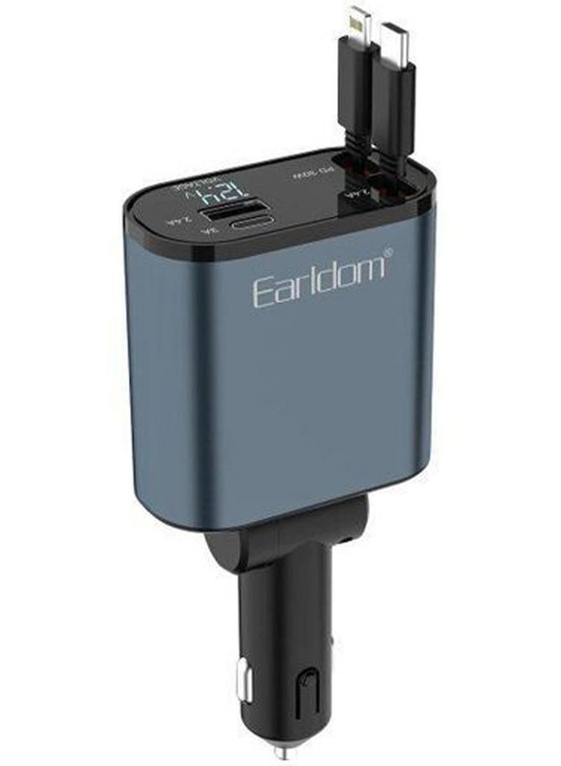 Earldom ES-CC38 66W Retractable Car Charger with USB and USB-C Fast Charging Ports and Digital Display Multi Port Car Phone Charger with 80cm Retractable Cable for iPhone, Android, Tablets, GPS Devices, and Travel Charging - Image 1