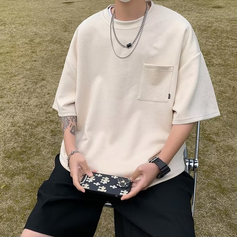 Niche Solid Color Three-dimensional Pocket Decorative Short-sleeved T-shirt Mens Fashionable Summer Simple Solid Color Half-sleeved Top Apricot - Image 1