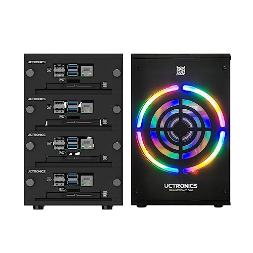 UCTRONICS Desktop Cluster Enclosure for Raspberry Pi, Up to 4 PIS and 2.5" SSD, Front Removable Trays, 12cm LED Cooling Fan for Raspberry Pi 5/4B/3B+/3B - Image 1