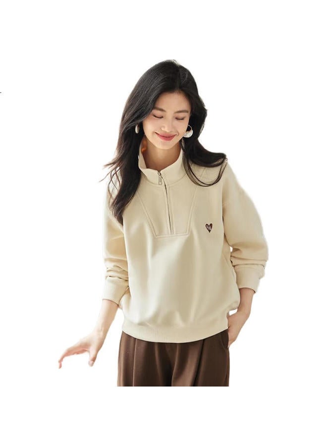 She enjoys Vintage Love Heart Embroidery Stand Collar Half Zipper Sweatshirt Women'S Spring Autumn Design Sense Long Sleeve Top T143W1012 - Image 3