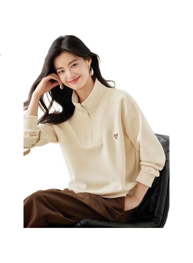 She enjoys Vintage Love Heart Embroidery Stand Collar Half Zipper Sweatshirt Women'S Spring Autumn Design Sense Long Sleeve Top T143W1012 - Image 2