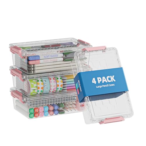 BiuLeon 4 Pack Extra Large Pencil Box, Plastic Pencil Case Organizer, Clear Crayon Box Marker Organizer, Stackable Craft Organizers and Storage for Pen, Craft, Art Supply(Pink) - Image 1