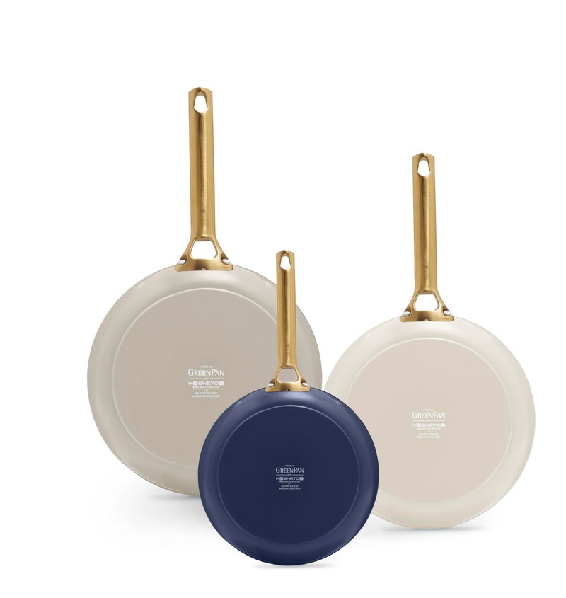 GreenPan 3 Piece Ceramic Cookware Set, Non Stick Frying Pans (8â€ 10â€ & 12â€ Skillets), PFAS-Free Non-Toxic Induction Cookware, Hard Anodized, Kitchen Pots, Dishwasher Safe, Navy, Taupe, Cream - Image 1